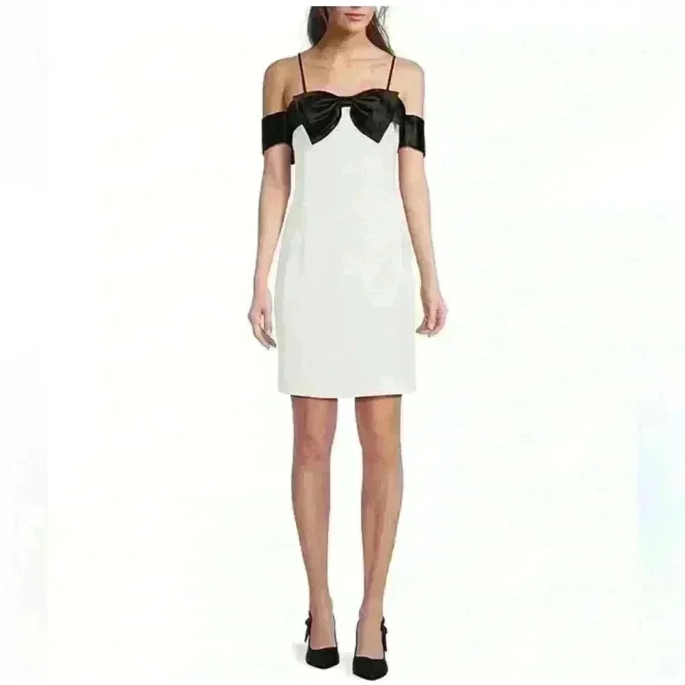 NWT Cleo Two Tone Color Block Off-The-Shoulder Bow Satin Mini Dress